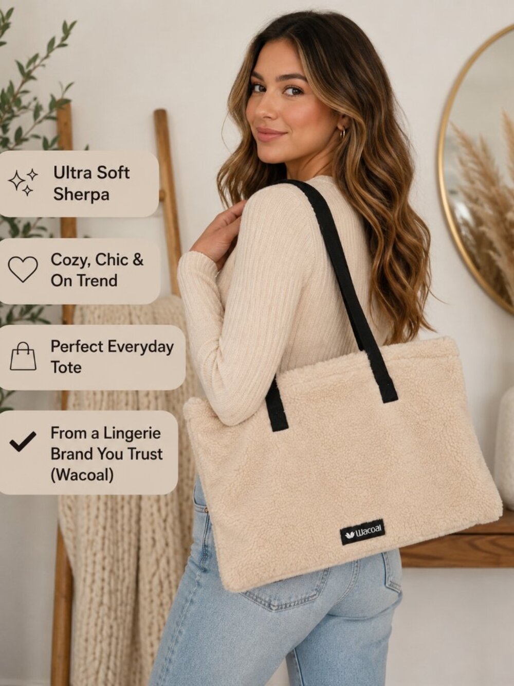 Wacoal Sherpa Tote Bag Cream Fleece Shoulder Bag